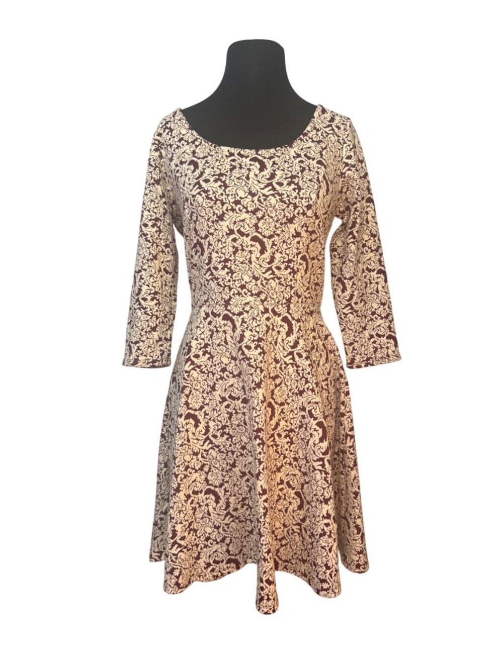 Lauren Conrad Size Medium Fit & Flare Dress Burgundy Cream Jacquard Cotton Blend